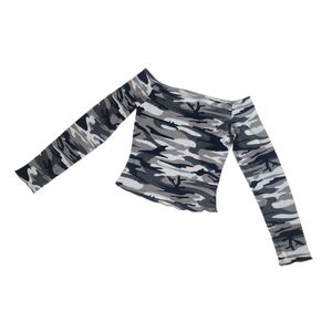 NWOT Shein Womens Off Shoulder Crop Camo Top Size Medium Flutter Trim.